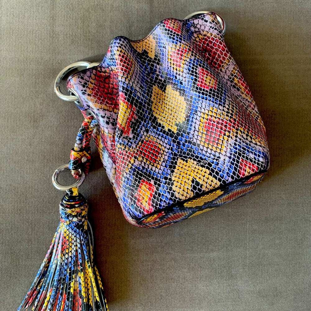 Rebecca Minkoff Multi colored Snake Printed Leather bucket crossbody bag
